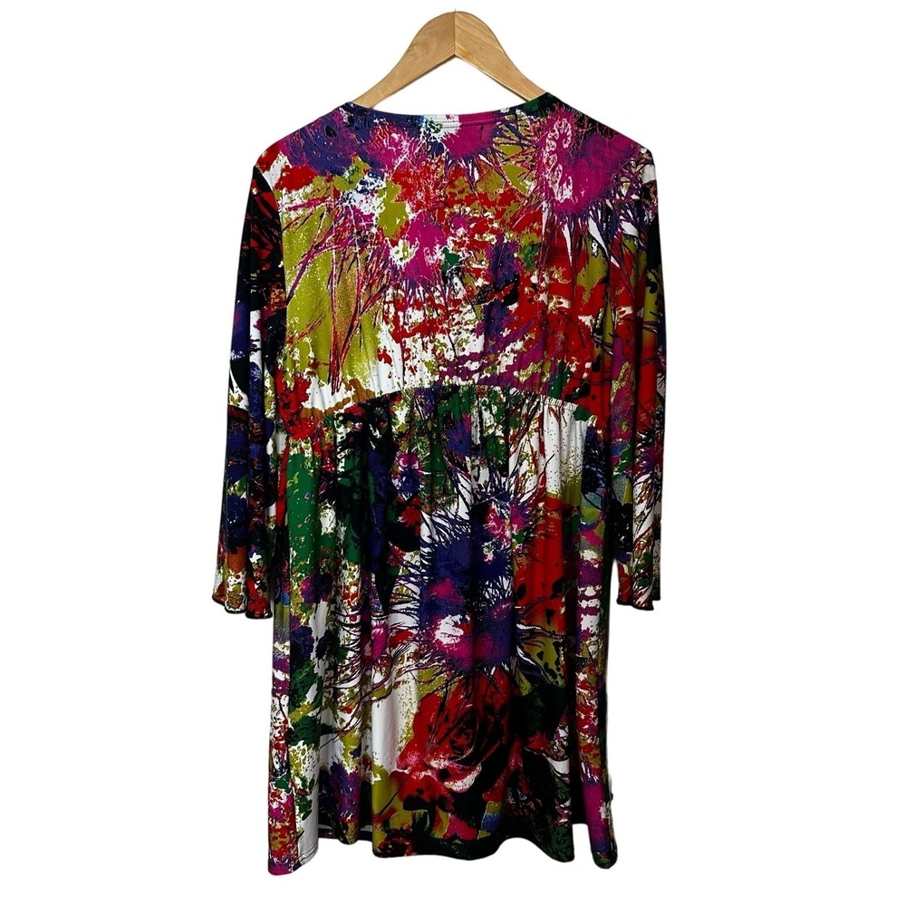 Calessa Beaded Dress Womens Size XL Vibrant Paint Splatter Floral Print V Neck - Picture 3 of 9